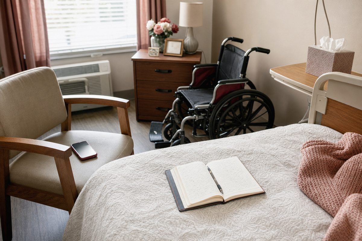 An open notebook of dated visit notes on a nursing home bed, with a wheelchair nearby