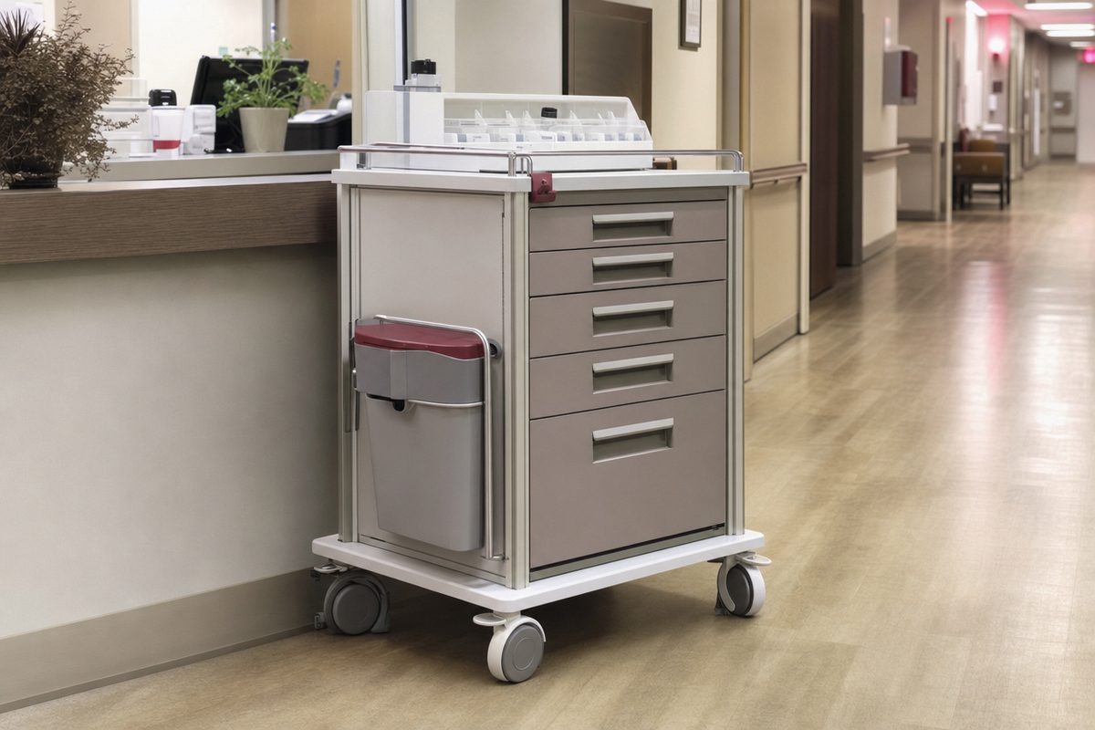 A closed medication cart parked in a nursing home corridor