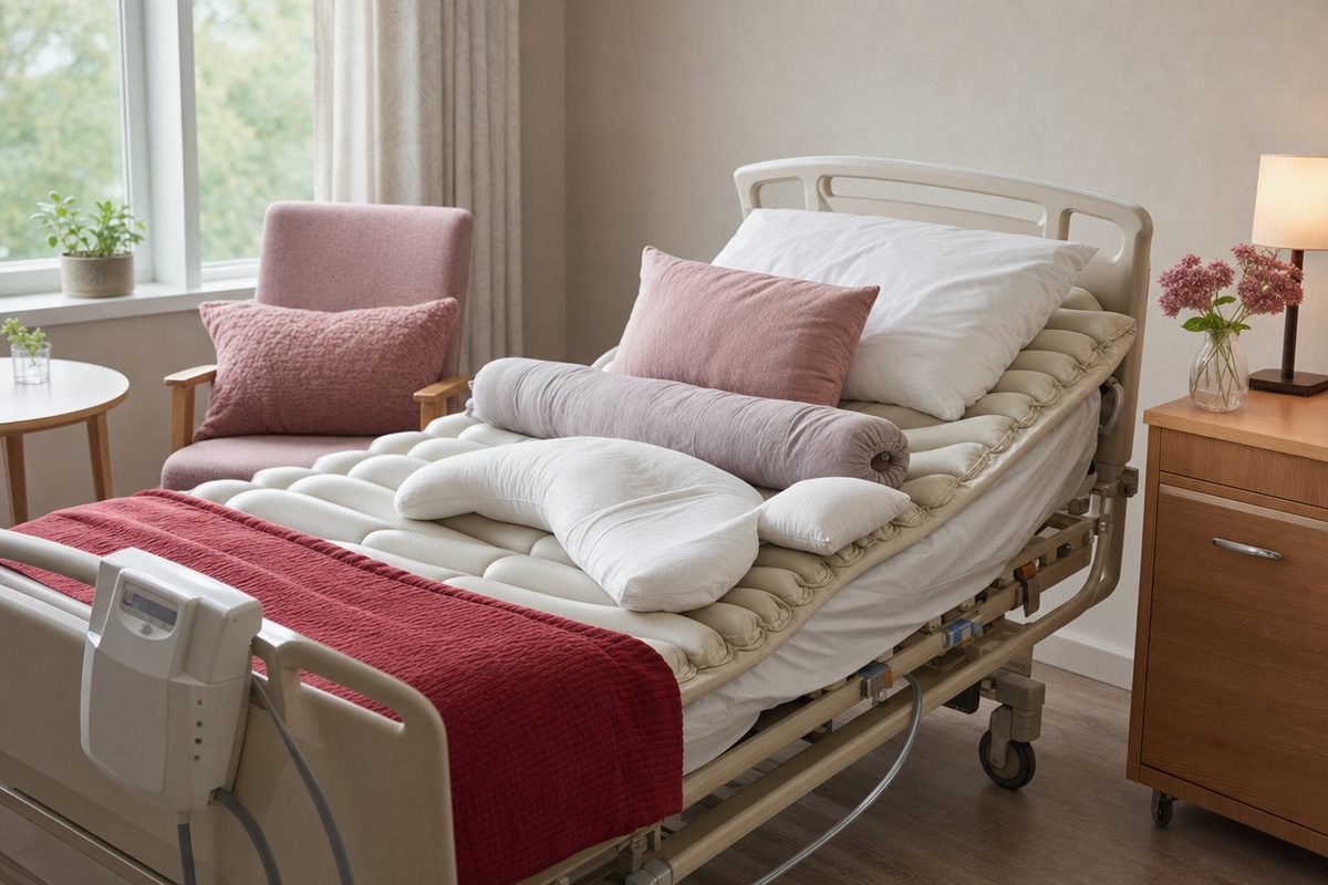 A pressure-relief air mattress on a nursing home bed with pillows set for turning