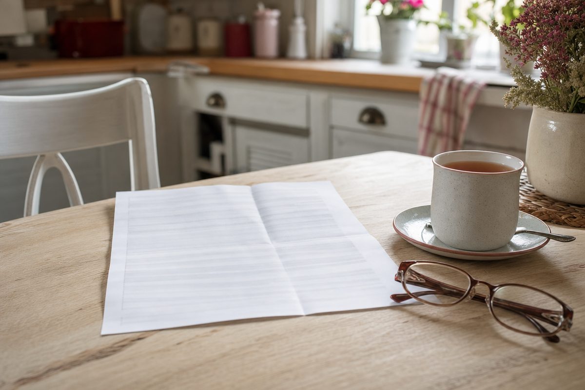 A printed letter about a nursing home on a table beside reading glasses