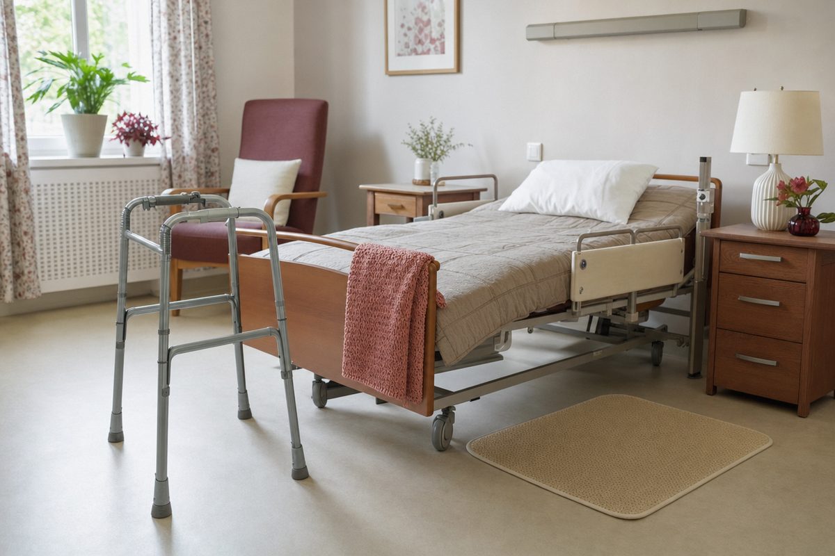 A walking frame beside a low nursing home bed with a floor mat